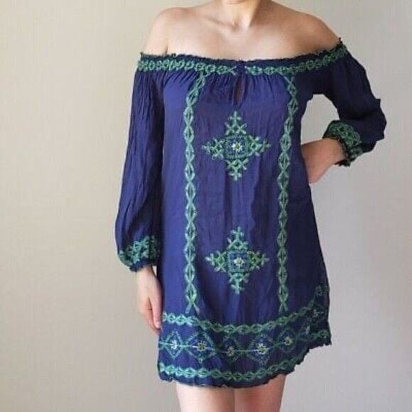 Poupette St. Barth Blue Embroidered Mini Dress off the shoulder tunic dress - Picture 1 of 12